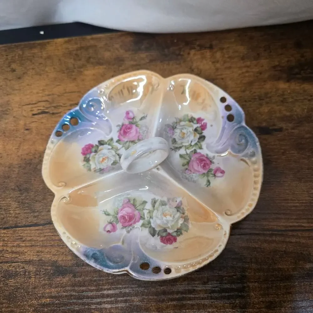 Vintage Floral Trinket Bowl 3 sections Hand painted Made in Germany